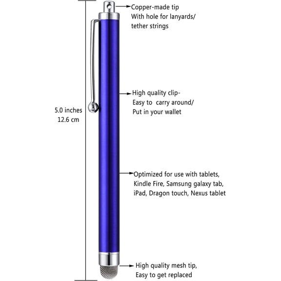 IYFFDFE-Stylus, 4 Pcs 5.0 Inch Mesh Fiber Tip Stylus Pens for Touch Screen, Compatible with iPad, iPhone, Kindle Fire, 4 Extra Replaceable Hybrid Fiber Tips (White, Black, Silver, Blue)