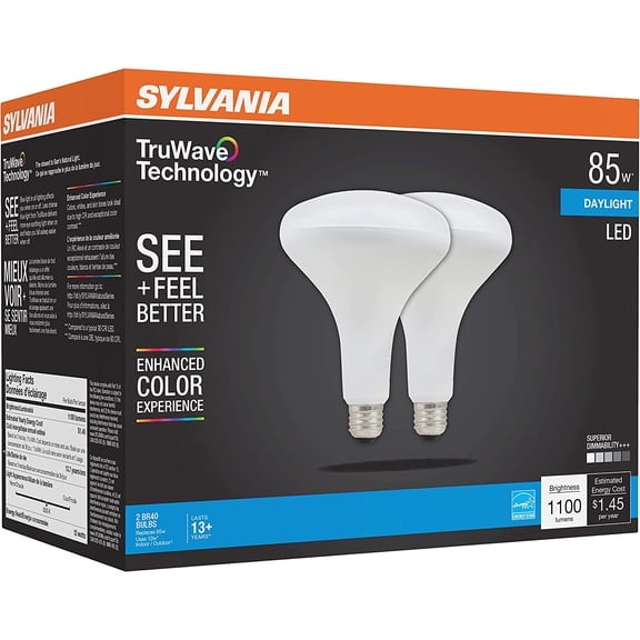 IYFFDFE-Sylvania LED TruWave Natural Series BR40 Light Bulb, 85W Equivalent Efficient 12W, Medium Base, Dimmable, Frosted, 5000K, Daylight - 2 Pack (40787)