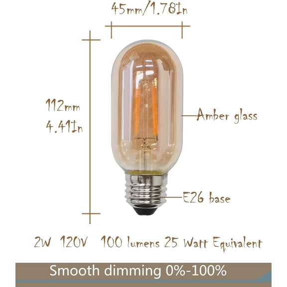 IYFFDFE-T45 E26 Amber Antique LED Edison Light Bulb,T14 LED Tubular Vintage Antique Dimmable led Bulb,2 Watt 120V 2200K Warm White 120 lumens 25 Watt Equivalent,4 Pack