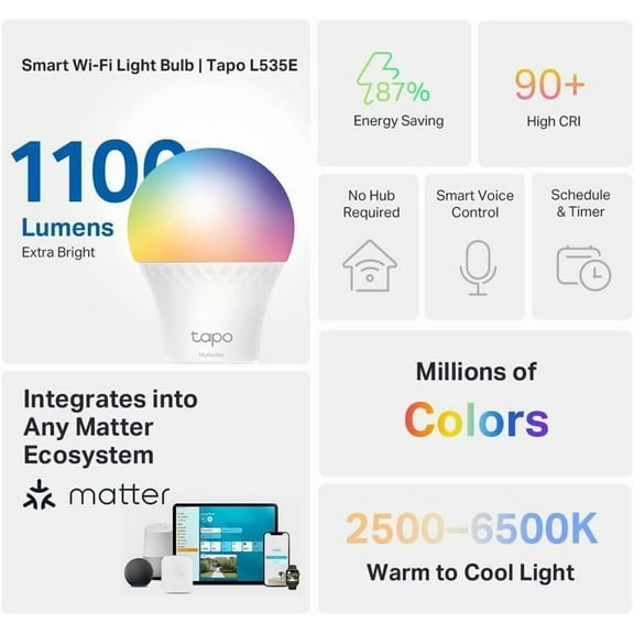 IYFFDFE-TP-Link Smart Light Bulbs, 1100 Lumens High Brightness (75W Equivalent), Matter-Certified, 16M Colors WiFi Light Bulb, Dimmable, Works w/Siri, Alexa & Google Home, A19 E26, L535E(2-Pack)