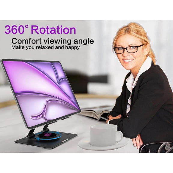 IYFFDFE-Tablet Stand Holder for Desk, with 360 Rotating Metal Base, Dual Rod Support Adjustable Multi-Angle Home Office Accessories Compatible with iPad Samsung Galaxy Tabs and More, Black