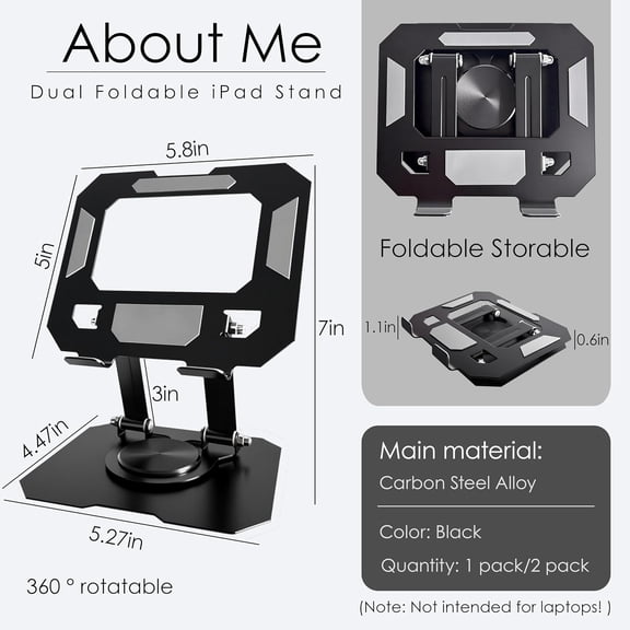 IYFFDFE-Tablet Stand for iPad, 360 Rotating Desktop Holder, Carbon Steel Adjustable Foldable Desk Holder, for iPad Pro Air Samsung, for 4" -13" Tablets, Portable Home/Office, 2026 Upgraded - Black