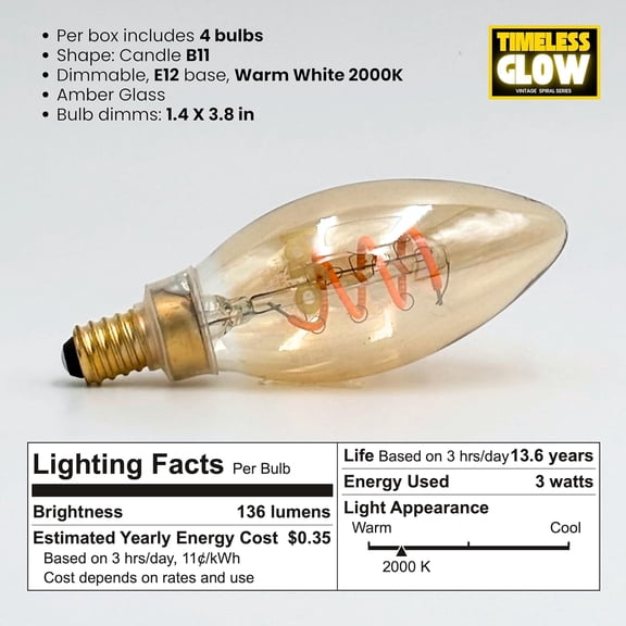 IYFFDFE-TimelessGlow 4 Pack Dimmable B11 LED Candelabra Bulb 3W 25W Equivalent Warm Amber 2000K E12 Base CRI80 Amber Glass Spiral Filament ETL FCC Certified Flicker Free Decorative Lighting