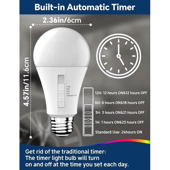 IYFFDFE-Timer LED Light Bulb: 12/6/3/1H Built-in Automatic Timer, 13W 5000K Daylight White A19 Equivalent 100W E26 Light Bulb, 1200LM, Auto On/Off for Outdoor Indoor Security, 1 Pack