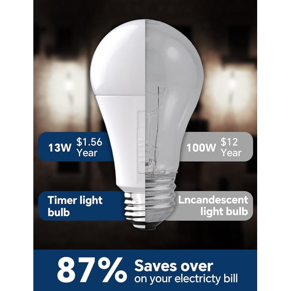 IYFFDFE-Timer Light Bulb: A19 Built-in Automatic Indoor 1/3/6/12 Hour Timer Light, 5000K Daylight 13W 100W Equivalent Bulbs, E26 Auto On/Off Security Lights 2 Pack for Porch, Garage