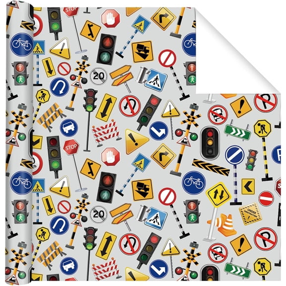IYFFDFE-Traffic Sign Wrapping Paper Roll - Road Street Traffic Lights Sign Theme Gift Wrap for Transportation Parties, Birthday, Celebration - 17Inch x16.4Feet