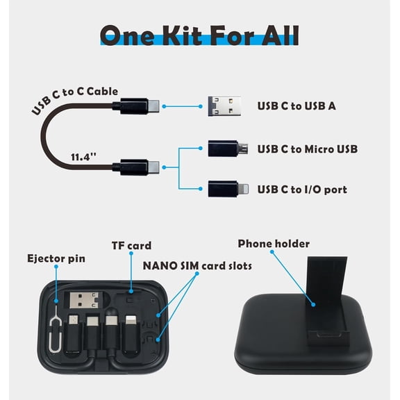 IYFFDFE-USB-C Charge Card: Multi USB Charging Adapter Cable Kit with 28cm Cable, USB C to A/Micro USB/Light Adapters, Portable Mirror Case for Travel, iPhone, Android, Emergency Use