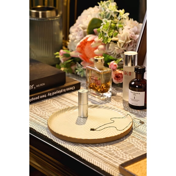 IYFFDFE-Vanity Tray with Brown Trim - Candle & Perfume Holder Organizer - Decorative Round White 8"8" Countertop Tray for Bathroom & Dresser