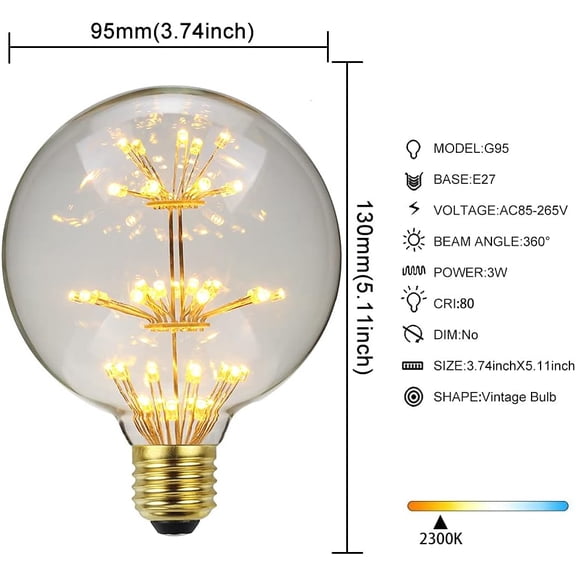 IYFFDFE-Vintage Led Bulb G95 Firework 3Watts Edison Bulb 2200Kelvin Warmth Glow 110-130V Decorative Light Bulb