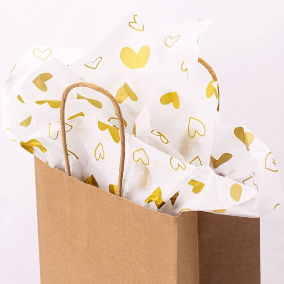 IYFFDFE-White with Metallic Gold Heart Tissue, 20" x 28", Gold Heart Design for Gift Bags, Birthday, Valentine's Day, Mother's Day, Weddings, 30 Sheets
