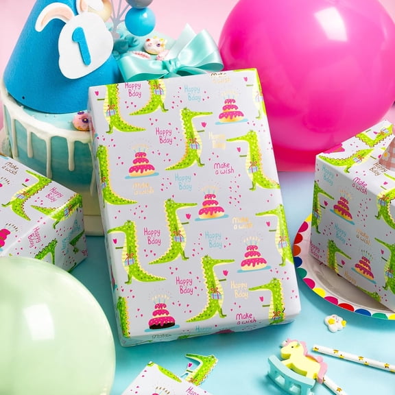 IYFFDFE-Wrappping Paper Roll, Cute Crocodile Happy Birthday Gift Wrap Paper, Metallic Gold Foil Birthday Cake Thick Packing Paper - 17 Inches x 32.8 Feet