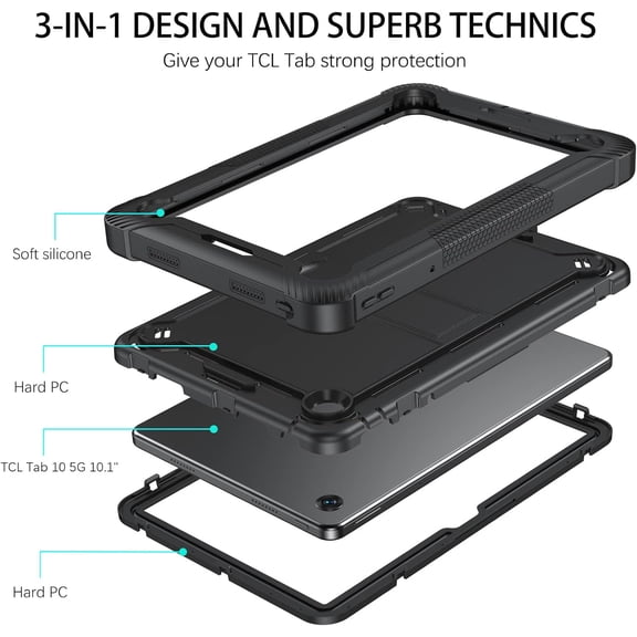 IYFFDFE-for TCL Tab 10 5G 10.1" Tablet Case, 3 in 1 Hybrid Shockproof Silicone Gel Protective Tablet Cover with Kickstand for TCL Tab 10 5G 9183W(2022 Release), Black