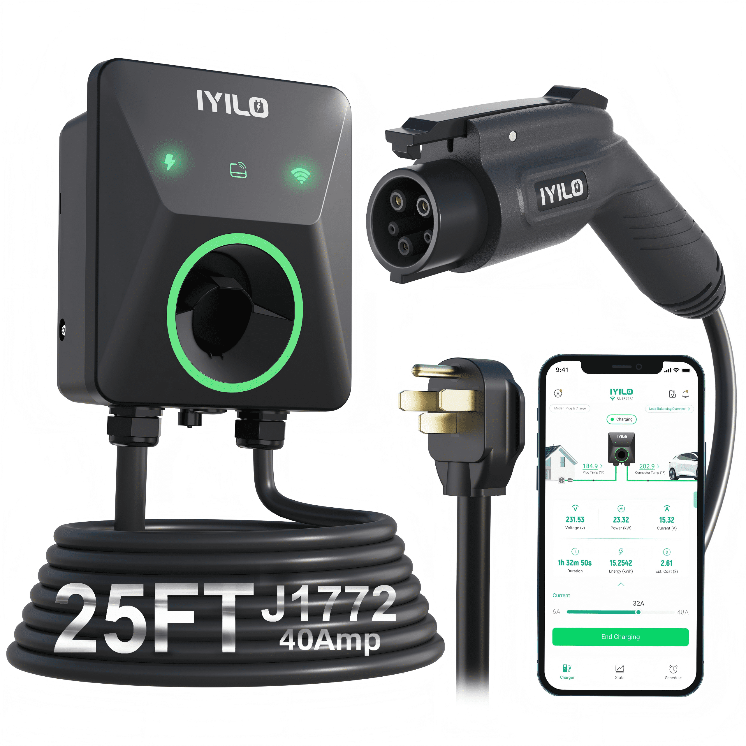 IYILO 40A Level 2 EV Charger,NEMA 14-50P ,240V J1772, 25FT Cable
