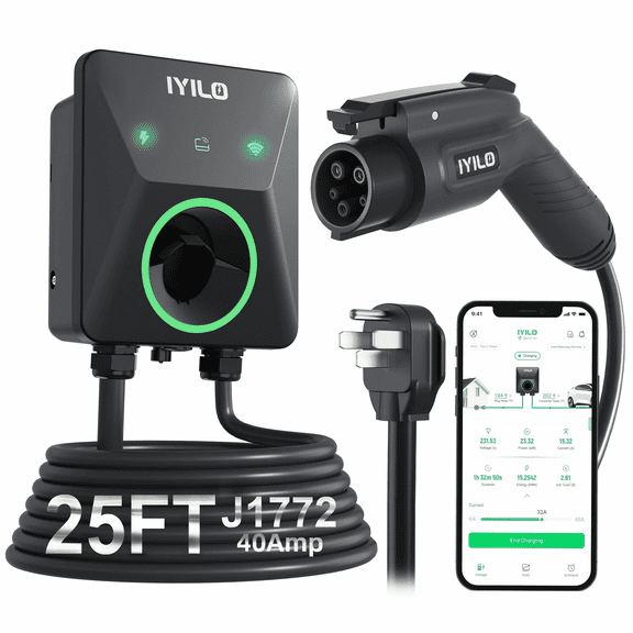 IYILO 40A Level 2 EV Charger, NEMA 14-50P, J1772, 25FT Cable, Dual Temp Sensors, UL 2594, ETL, FCC