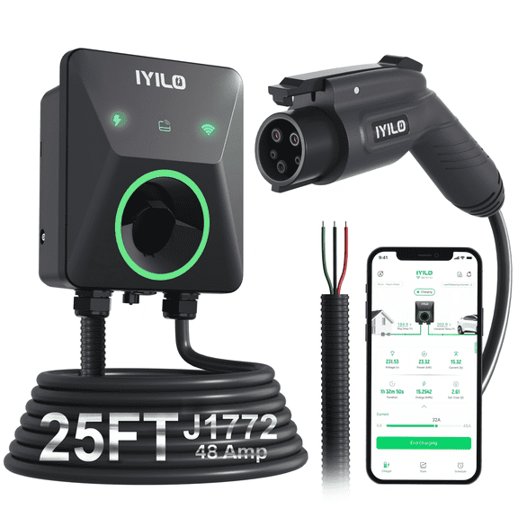 IYILO 48A Hardwired Level 2 EV Charger, 240V J1772, 25FT Cable, UL 2594, ETL, FCC