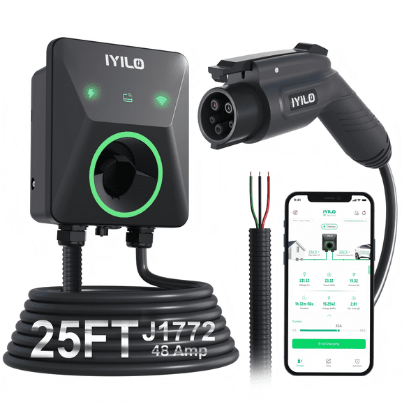IYILO 48A Hardwired Level 2 EV Charger, 240V, NEMA14-50 J1772, 25Ft Cable, Dual Temp Sensors, ETL Certified