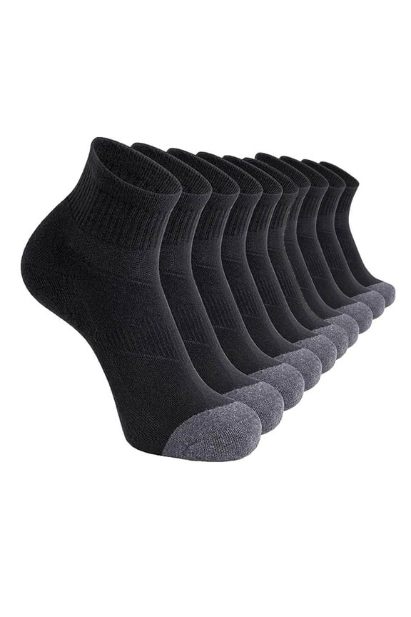 10 Pack Men's Athletic Quarter Socks Breathable Moisture Wicking Cushioned Crew Socks for Running Walking Hiking Everyday Wear Black S