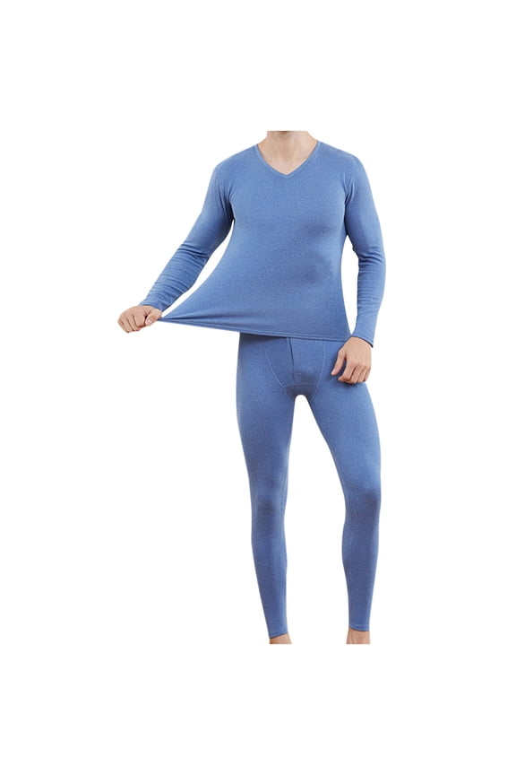 2Pcs Mens Silk Winter Thermal Set Soft Underwear Base Long Johns Set V Neck Silk Shirt And Pants Blue L
