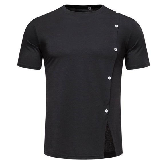 IYTR Athletic Shirts Men Summer Fashion Personality Button Round Neck Short Sleeve T Shirts Tops Casual Solid Color Sprots Shirts Blouses Black S