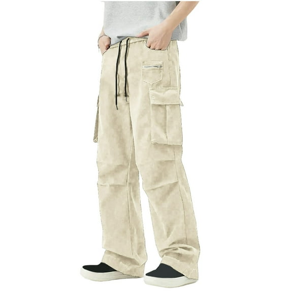 IYTR Baggy Sweatpants Men Straight Outdoors Elastic Waist Drawstring Pants with Pocket Fashion Casual Baggy Pants Solid Color Comfy Sweatpants Hiking Trousers (Khaki,M)