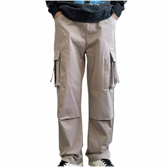 IYTR Baggy Sweatpants Men Zipper Pocket Work Straight Legs Trousers Comfy Casual Solid Color Sweatpants Fashion Baggy Pants Hiking Trousers (Khaki,XL)