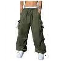 IYTR Cargo Pants for Men Casual Elastic Waist Drawstring Wide Leg Joggers Sweatpants Multiple Pockets Solid Color Outdoor Athletic Hiking Overalls Trousers Army Green S
