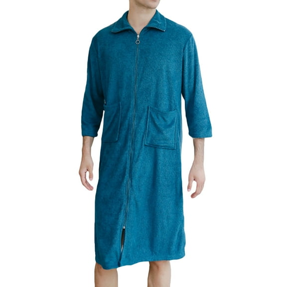 IYTR Casual Bathrobe for Men Super Comfy Robe Loungewear Full Zipper Knee Length Turkish Rober Pocket Blue L