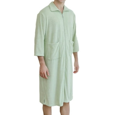 IYTR Casual Bathrobe for Men Super Comfy Robe Loungewear Full Zipper Knee Length Turkish Rober Pocket Green L