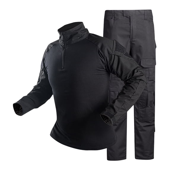 IYTR Uniform Set for Men Camouflage Clothing Hunting Paintball Suit with Knee & Elbow Pads Long Sleeve Tops and Trousers 2 Piece Set Black XXXL