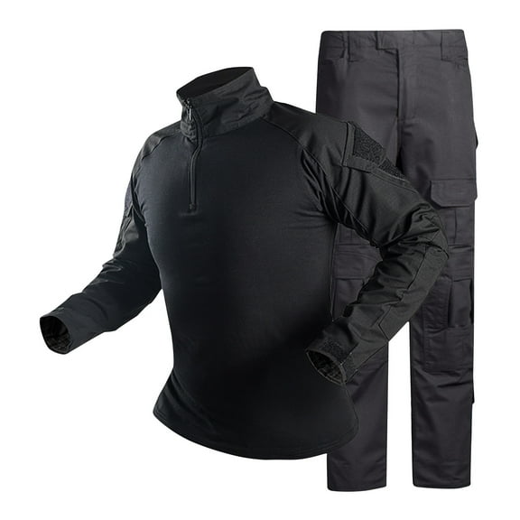 IYTR Uniform Set for Men Camouflage Clothing Hunting Paintball Suit with Knee & Elbow Pads Long Sleeve Tops and Trousers 2 Piece Set Black L
