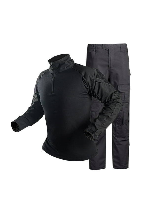 Uniform Set for Men Camouflage Clothing Hunting Paintball Suit with Knee & Elbow Pads Long Sleeve Tops and Trousers 2 Piece Set Black L