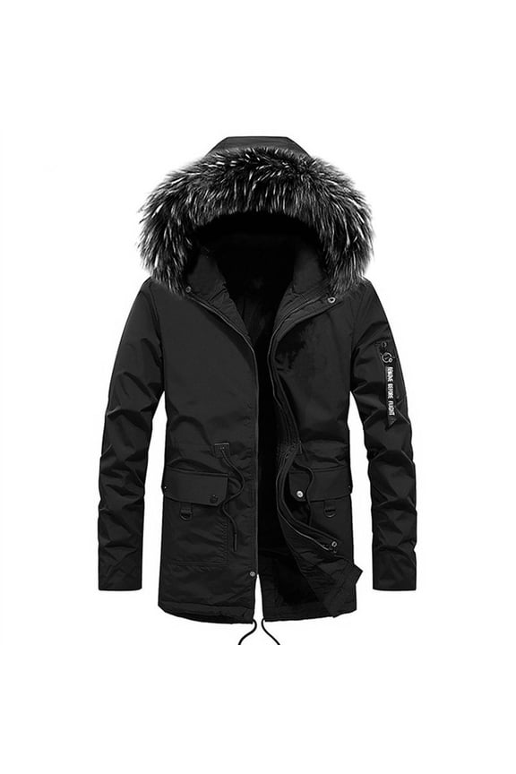 Comfy Mid-Length Hooded Cardigan Jackets Coat with Pocket Solid Color Long Sleeve Jacket Zipper Hooded Neck Mens Winter Jacket Black L