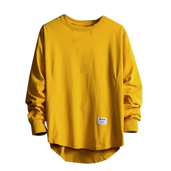 IYTR Cotton Mens T Shirts Casual Stylish Loose Fit Long Sleeve Leisure Loose Fit Spring Clothes Lightweight Solid Color Crew Neck Shirt (Yellow,M)