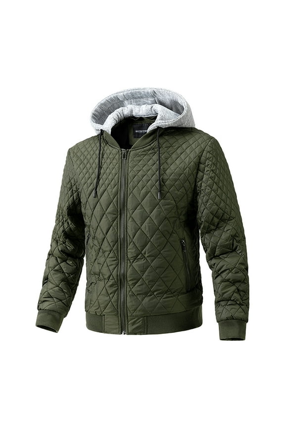 Detachable Cap Padded Jacket Coats with Pocket Long Sleeve Jacket Zipper Hooded Neck Mens Winter Jacket Solid Color Green L