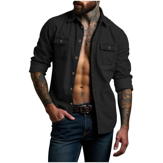 IYTR Fall Men's Denim Shirts Long Sleeve Button Up Shirts Vintage Washed Work Dress Tops Casual Western Jean Tops with Pockets (Black,XL)
