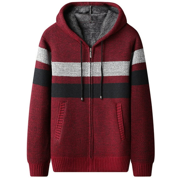 IYTR Fashion Men's Zip Up Hoodies Coats Casual Long Sleeve Full Zipper Fleece Lined Knit Cardigan Sweater Jacket with Pockets (Wine,XXXL)