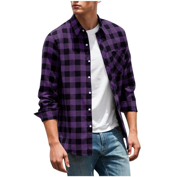 IYTR Flannel Shirt for Men Plaid Button Up Shirts Regular Fit Long Sleeve Shirts Fall Business Casual Outfits with Pocket (Purple,XXXL)