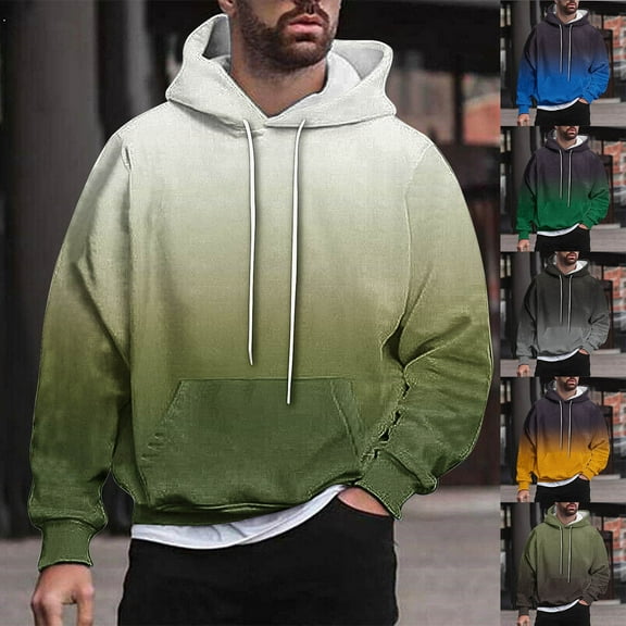 IYTR Hoodies for Men Loose Fit Gradient Sweatshirts Pullover Long Sleeve Hooded Collar Drawstring Casual Sweatshirt (Army Green,L)