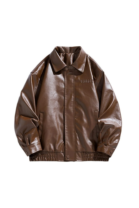 Leather Jackets Men Vintage Motorcycle Jacket Long Sleeve Lapel Collar Coats Zip up Jacket Casual Biker Coats (Coffee,L)