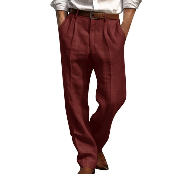 IYTR Linen Pants Men Solid Straight Leg Pleated Work Dress Pants Relaxed Casual Leisure Chino Trousers with Pockets Wine M