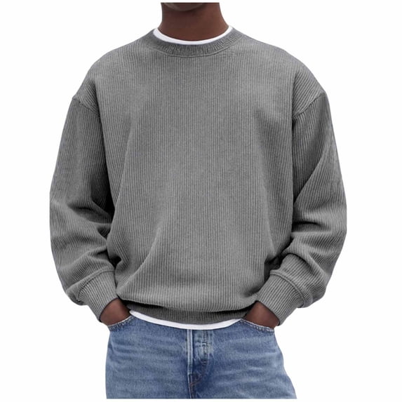 IYTR Long Sleeve Mens T Shirts Corduroy Sweatshirts Leisure Solid Color Loose Fit Spring Clothes Lightweight Crew Neck Shirt (Gray,L)