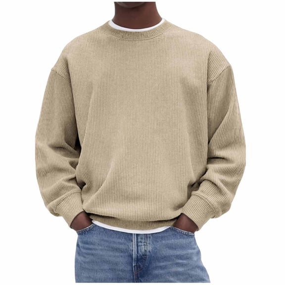 IYTR Long Sleeve Mens T Shirts Corduroy Sweatshirts Leisure Solid Color Loose Fit Spring Clothes Lightweight Crew Neck Shirt (Khaki,M)