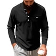 thumbnail image 1 of IYTR Long Sleeve Shirt for Men V Neck Button Up Collarless Solid Color Breathable Pullover with Chest Pocket (Black,L), 1 of 6
