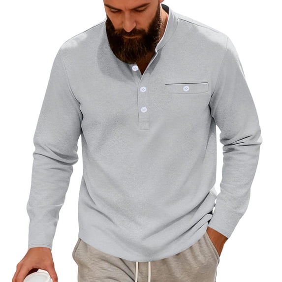IYTR Long Sleeve Shirt for Men V Neck Button Up Collarless Solid Color Breathable Pullover with Chest Pocket (Gray,XXL)