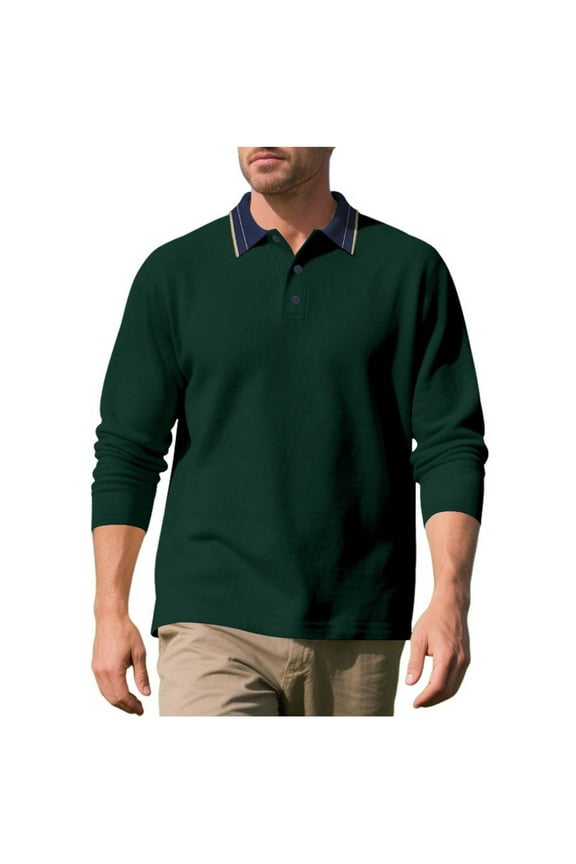 Long Sleeve Shirts for Men Casual Knit Tops Lightweight Dress Button T-Shirts Lapel Collared Pullover Tops (Army Green,L)