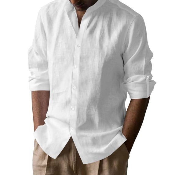 IYTR Long Sleeve T Shirt Men Button Cotton Linen Roll Up Sleeve Shirts Loose Fit Lightweight V-Neck Solid Color Spring Clothes Leisure Shirt (White,XXL)