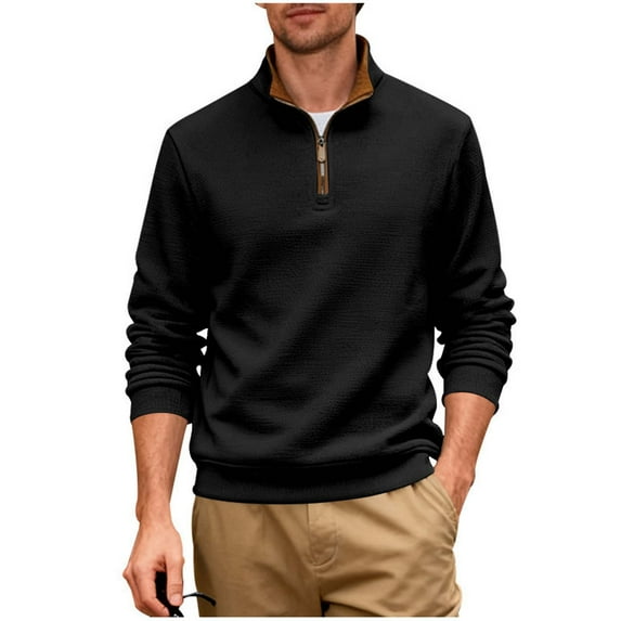 IYTR Long Sleeve T-Shirts for Men Half Zipper Standing Collar Pullover Leisure Lightweight Solid Color Loose Fit Spring Clothes Shirt (Black,M)