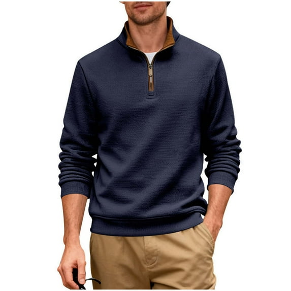 IYTR Long Sleeve T-Shirts for Men Half Zipper Standing Collar Pullover Leisure Lightweight Solid Color Loose Fit Spring Clothes Shirt (Navy,XXL)