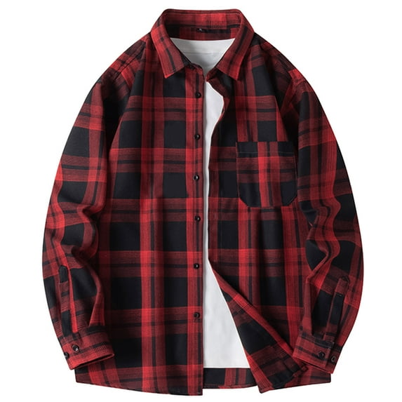 IYTR Loose Daily Commuter Shirts Jacket with Pocket Long Sleeve Jacket Button-up Lapel Coat Men's Fashion Shirts Plaid Red M