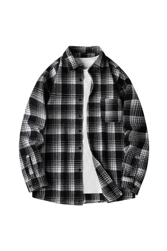 Loose Daily Commuter Shirts Jacket with Pocket Men's Fashion Shirts Plaid Button-up Lapel Coat Long Sleeve Jacket Black XXXL